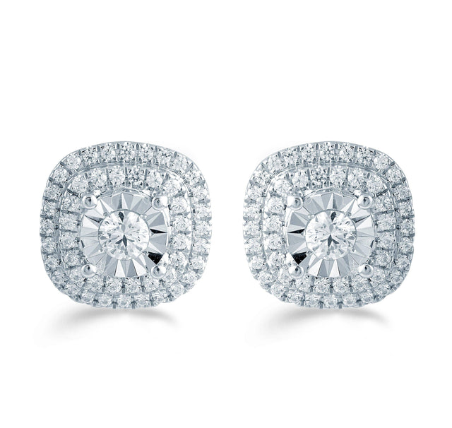 1/2CTW Diamond Cushion Cluster Stud Earring in Sterling Silv
