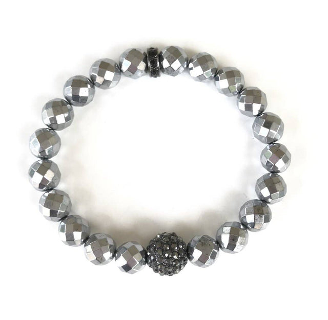 8mm Pyrite Silver Beads and Pave Round Ball Bracelet