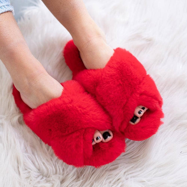 Fuzzy Cross Band Slide Slippers - RED